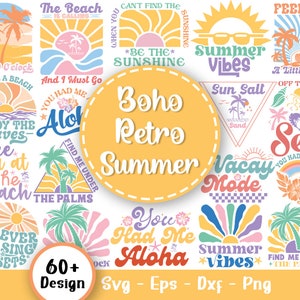 Boho retro zomer Svg-bundel, Hallo zomer Svg, strand Svg, SummertimeSvg, grappige strandcitaten Svg, zomercitaten Svg, Svg-bestanden voor de Cricut