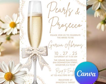 Pearls and Prosecco Bridal Shower Invitation, Pearl Necklace Prosecco Bridal Shower Invite, Prosecco Bridal Shower Invite, Editable Canva