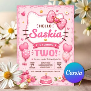 May include: A pink birthday invitation card featuring a cat-shaped frame, a large polka-dot bow, and the text Hello Saskia Is Turning Two. The card includes event details for October 27th, a gift box illustration, and a birthday cake with one candle.