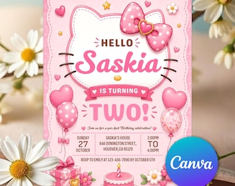 Pink Cat Birthday Invitation, Cute Kitty Birthday Party Invitation, Kitty Birthday Invite, Kittens Invite, Cute Cat Evite, Editable Canva