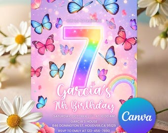 7th Birthday Girl Invitation, Girl 7th Invitation, Neon Glow Invitation Butterfly Invitation, Girls Pink Birthday Invite, Editable Canva