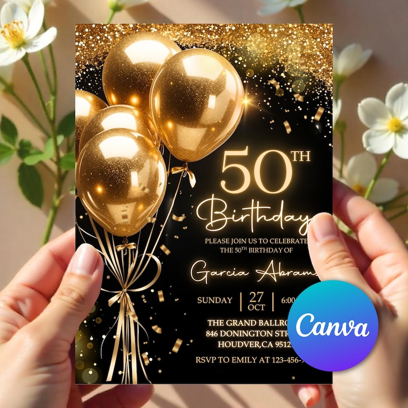 50th birthday mens,womens 50th birthday,50th birthday invite,50th digital invite,text message invite,Black Gold Invite,Fifty Birthday,Birthday Dinner,Birthday Brunch,50th invitation,50 birthday video,invitation for woman,gold balloon evite,digital video invite,luxury women invite,modern canva invite,animated invitation,elegant invitation,50th Party,Birthday Invitation,Editable Template,Birthday Invitation,Editable Invitation
