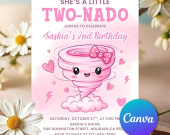 Twonado Birthday Invitation, Girl Twonado Invitation, Two Year Old Girl Birthday Invite, 2 Years Party, Pink Tornado Invite, Editable Canva