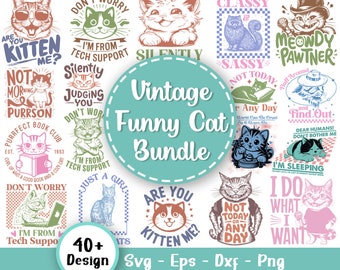 Pacchetto Svg gatto divertente vintage, mamma gatto Svg, signora gatto pazzo Svg, gatto divertente Svg, amante dei gatti Svg, gattino Svg, citazioni di gatti Svg, file Svg per Cricut