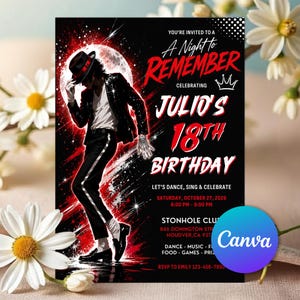 May include: A rectangular birthday invitation card featuring a black background with red accents. It displays a graphic of a person in a black suit and hat dancing, with text reading A Night to Remember, Julio's 18th Birthday, and event details.