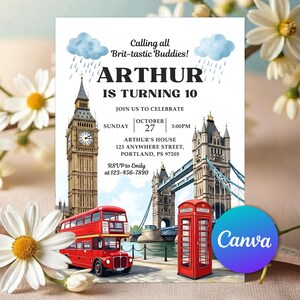 May include: Birthday invitation with a London theme, showcasing Big Ben, Tower Bridge, and a red double-decker bus. The invitation text reads "Arthur is turning 10" with event details. The design includes blue watercolor clouds and rain.