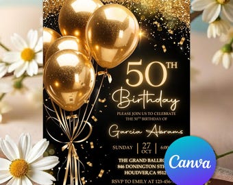 50th Birthday Party Invitation, Luxury Black and Gold Birthday Party Invitation for Men, Digital 50th Invite Template Evite, Editable Canva
