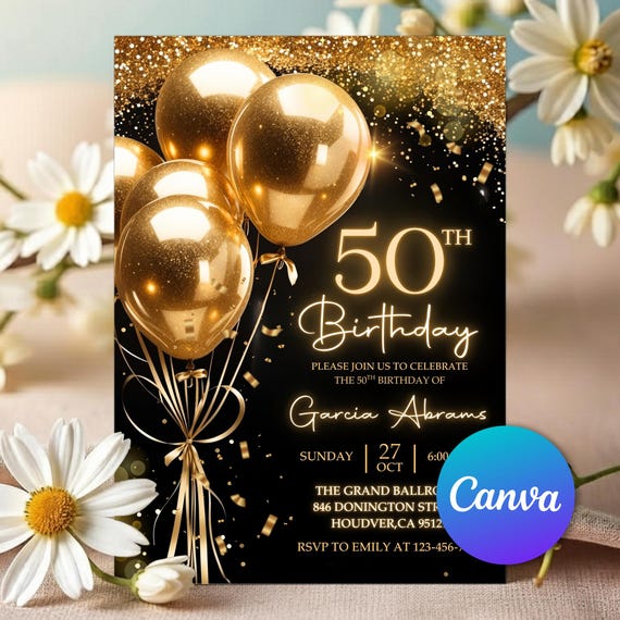 50th Birthday Party Invitation, Luxury Black and Gold Birthday Party Invitation for Men, Digital 50th Invite Template Evite, Editable Canva