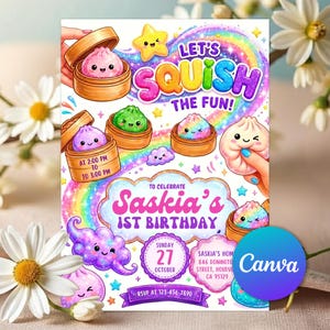 Glitter Knödel Squishy Geburtstagsfeier-Einladung, Mädchen Glitter Knödel Party einladen, lustiges Kinder Squishy Knödel Thema, bearbeitbare Canva