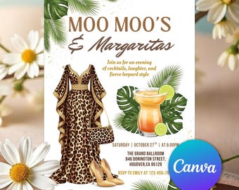 Moo Moos and Margaritas Invitation, Ladies Night Invitation, Leopard Pajama Girls Day Invite, Mumu & Margaritas Party Invite, Editable Canva