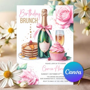 Invitación de brunch de cumpleaños, invitación con champán, invitación de coqueta con panqueques florales rosas para chicas, invitación de brunch para chicas, plantilla editable de Canva