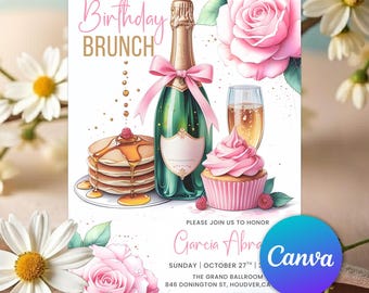 Convite para Brunch de Aniversário, Convite com Champanhe, Convite Rosa Floral com Panquecas, Convite Feminino e Coquete, Convite para Brunch entre Amigas, Modelo Editável do Canva
