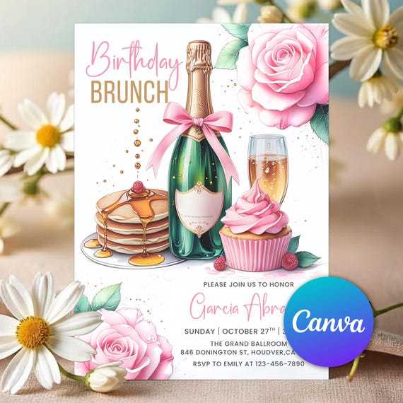 Birthday Brunch Invitation, Champagne Invitation, Pink Floral Pancake Girly Coquette Evite, Girls Brunch Invite, Editable Canva Template