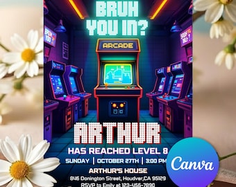 Arcade Birthday Invitation, Arcade Party, Arcade Neon Game Invite, Arcade Invitation, Boys Gamer Party, Video Game Party, Editable Canva