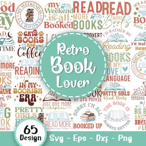 Retro Book Lover Svg Bundle, Reading SVG Bundle, Librarian Svg, Book Quotes Svg, Book Worm Svg, Book Stickers Svg, Pliki Svg dla Cricut