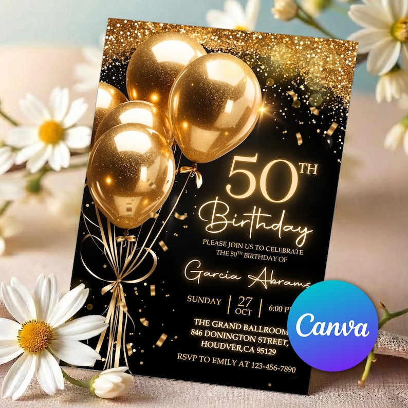 50th birthday mens,womens 50th birthday,50th birthday invite,50th digital invite,text message invite,Black Gold Invite,Fifty Birthday,Birthday Dinner,Birthday Brunch,50th invitation,50 birthday video,invitation for woman,gold balloon evite,digital video invite,luxury women invite,modern canva invite,animated invitation,elegant invitation,50th Party,Birthday Invitation,Editable Template,Birthday Invitation,Editable Invitation