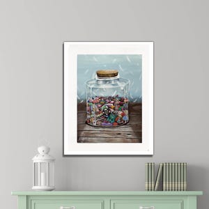 Retro Bonbonglas-Dekor, ungerahmt, Bonbon-Liebhaber-Geschenk, eklektisches, Funky Plakat, buntes Haus, Art Print Baby blau, modische Küche