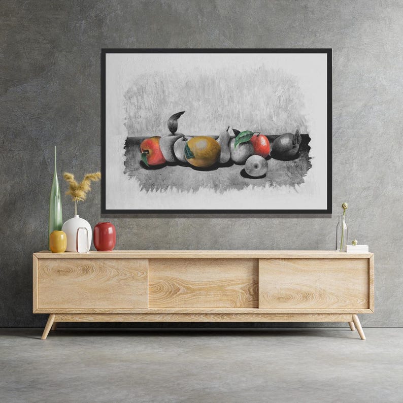Poster Print, Fruits Painting, Kitchen Wall Art, Black White Red Decor