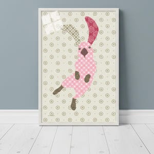 Pink Patchwork Rabbit Art Print, Boho Nursery Decor, Scandi Kids Room Illustration