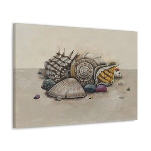 Vintage Seashell Original Oil painting print on Canvas, Beach House Wall Art Decor, Ocean Beach Artwork
