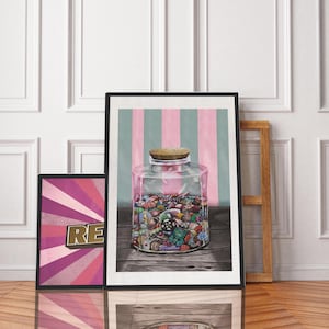 Acryl Bonbonglas Poster, bunte süße Leckerei Kunst, Küche Wanddekor, Haus Büro Dekoration, vertikal gerahmter Gemälde Druck