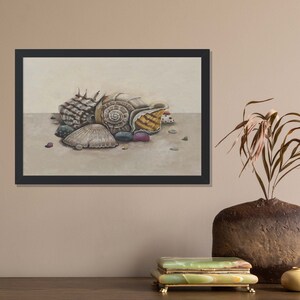 Vintage Seashell Original Oil painting framed poster, Beach House Wall Art Decor, Ocean Beach Artwork