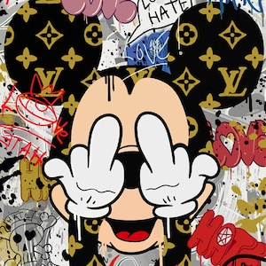 Mickey Mouse Love Hate Poster,  Louis Vuitton art, Mickey showing the finger, LOVE less Hate art,  unframed poster, Home Decor, funny mickey