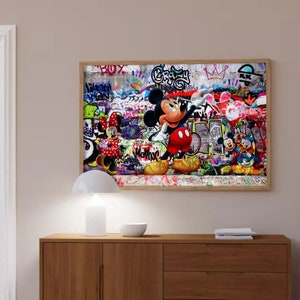Compre 2 y obtenga 1 gratis, póster de arte de graffiti de Banksy con Mickey en colores, graffiti pop art, pintura para sala de estar, cómic, decoración del hogar, arte de pared, dibujos animados