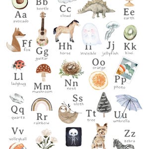 Póster de pared con gráfico del alfabeto, póster del alfabeto, gráfico ABC, gráficos educativos, decoración de la escuela en casa, arte de pared con escritura a mano, póster de animales del alfabeto