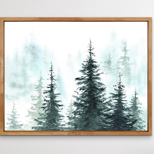 Pine Trees Watercolor Print Misty Forest Painting Minimalist Wall Decor Evergreen Trees Wall Art Foggy Landscape Poster from Original Art