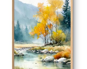Autumn River Landscape Art Print Rustic Cabin Wall Decor
