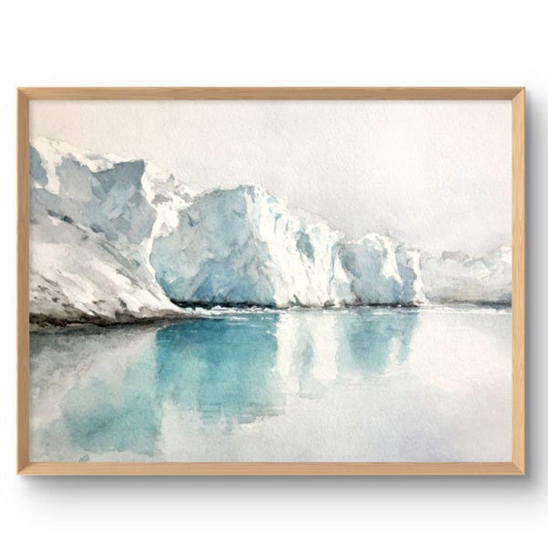 Arte mural de glaciar, impresión de paisaje ártico, póster de iceberg, estilo acuarela, decoración minimalista de naturaleza costera