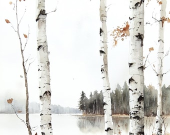 Birch Tree Watercolor Style Art Print: Minimalist Scandinavian Nature Wall Art