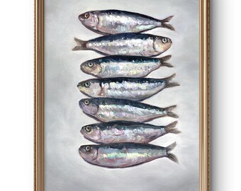 Sardine Fish Art Print: Realistic Seafood Artwork Coastal Kitchen Decor from Original Oil Painting