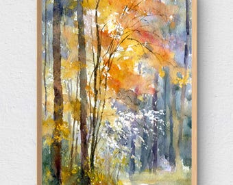 Autumn Forest Art Print Golden Leaves Watercolor Style Fall Trees Wall Art