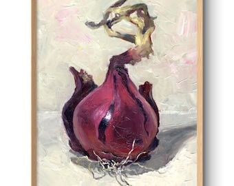 オリジナルの油絵から生まれた、赤玉ねぎの静物画アートプリントの素朴