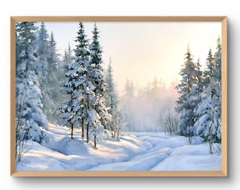 Peut inclure: Une peinture à l'aquarelle encadrée représentant une scène de forêt hivernale avec des conifères couverts de neige. Le paysage présente de la neige blanche et douce au sol et sur les branches, avec une lumière pâle et brumeuse en arrière-plan.
