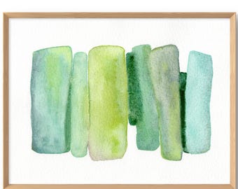 Lámina artística abstracta en acuarela verde, decoración de pared minimalista moderna a partir de una pintura original.