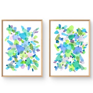 Conjunto de pinturas em vidro marinho com 2 impressões, abstrato, azul, verde, aquarela, arte costeira, pôster grande, minimalista, oceano, arte de parede, decoração de casa de praia