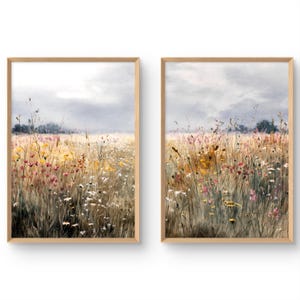 Wildblumen Feld Art Prints 2er Set Rustikale Landschaft Landhausstil Neutrale Wand Kunst Druck Vintage Stil Sommer Wanddeko Wiese großes Poster