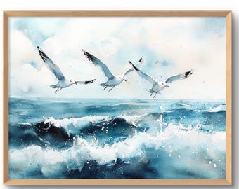 Impresión artística de gaviotas, arte mural de aves marinas, paisaje marino, decoración de pared náutica, casa de playa, estilo acuarela, póster grande azul