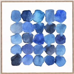 Impressão abstrata em aquarela azul, arte de parede minimalista, pintura quadrada azul, pôster com manchas em aquarela de arte original