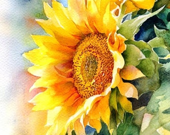 Impresión artística de girasol brillante, arte floral para pared, pintura de girasol, flores de verano, estilo acuarela, decoración de pared, póster botánico amarillo