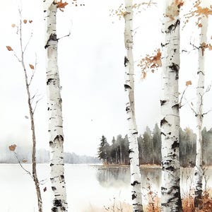 May include: Watercolour painting of three birch trees with white bark standing in front of a lake. The trees are in the foreground and the lake is in the background. The lake is calm and reflects the sky. The trees are bare and the leaves are brown.