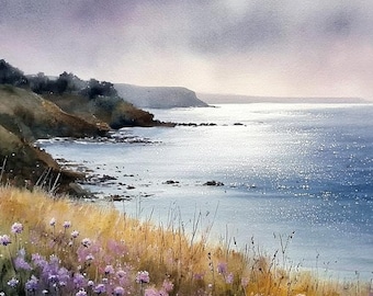 Irish Coastal Print Wild Atlantic Way Seascape Watercolor Style Ireland Wall Art