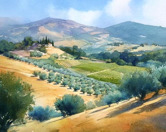 Toskana Landschaft Kunstdruck: Italienisches Olivenhain Aquarell Poster