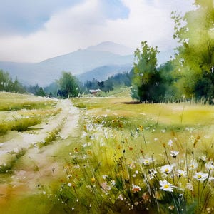 Summer Meadow Art Print Country Landscape Wall Art Wildflower Field Watercolor Style Cottagecore Decor