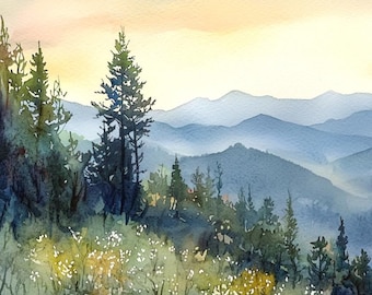Smoky Mountains Art Print Wildflowers Wall Art Appalachian Mountains Watercolor Style Landscape Wall Decor Mountain Forest Print