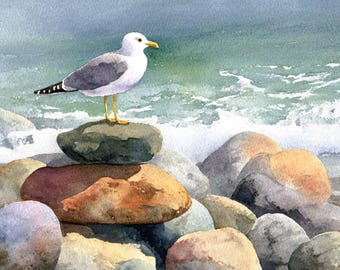 Seagull Watercolor Art Print, Coastal Seaside Rocks Scene