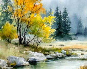 Autumn Landscape Art Print: Rustic Watercolor Style Forest Scene
